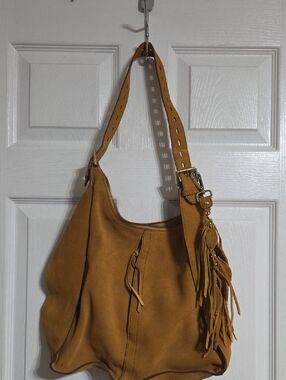 HOBO Mustard Suede Hobo Shoulder Bag with Tassel Accent